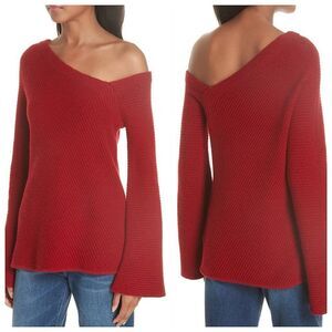 A.L.C. deep red wool cashmere knit asymmetrical off shoulder bell sleeve sweater